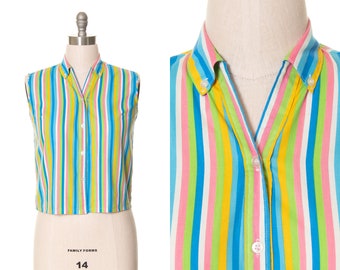 Vintage 1960s Blouse | 60s Striped Cotton Colorful Collared Button Up Sleeveless Separates Top (medium/large)