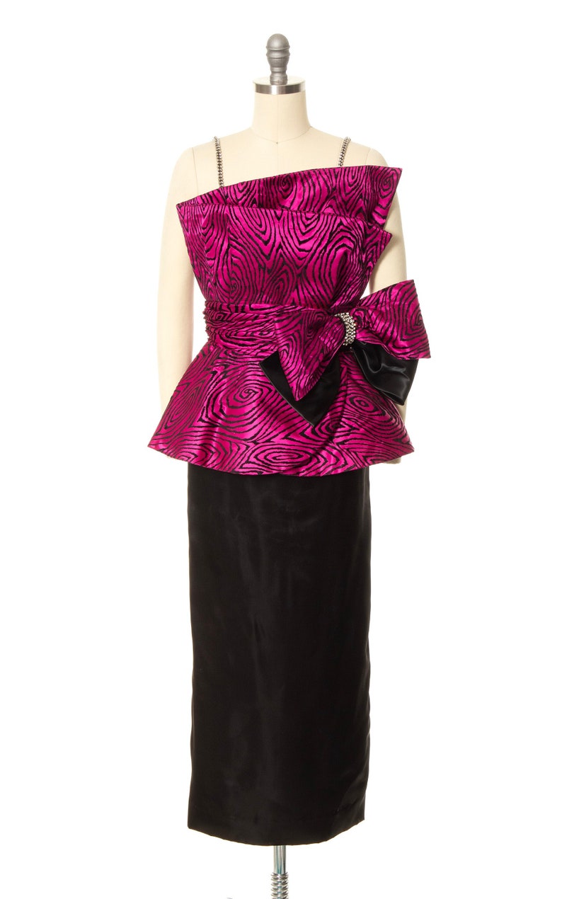 Vintage 1980s Gown 80s Flocked Hot Pink Purple Big Bow Party Dress Avant Garde Couture Formal Prom Barbie Dress x-small/small image 3