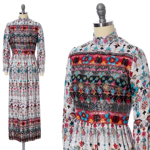 Vintage 1970s Party Dress | 70s Metallic Psychedelic Floral Striped Border Print Long Sleeve Maxi Gown (x-small/small)