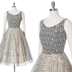 Vintage 1950s Party Dress | 50s EMMA DOMB Lace Fit and Flare Full Skirt White Formal Evening Gown (medium)