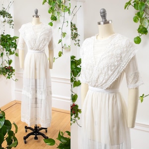 Antique Edwardian Tea Dress | 1910s White Cotton Lace Maxi Sheer Summer Lawn Wedding Gown | x-small