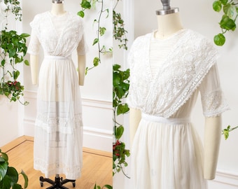 Antique Edwardian Tea Dress | 1910s White Cotton Lace Maxi Sheer Summer Lawn Wedding Gown | x-small