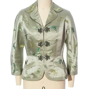 Vintage 1950s Jacket 50s Silk Satin Jacquard Butterfly Bug Novelty Print Tailored Sage Green Holiday Party Blazer x-small/small image 2