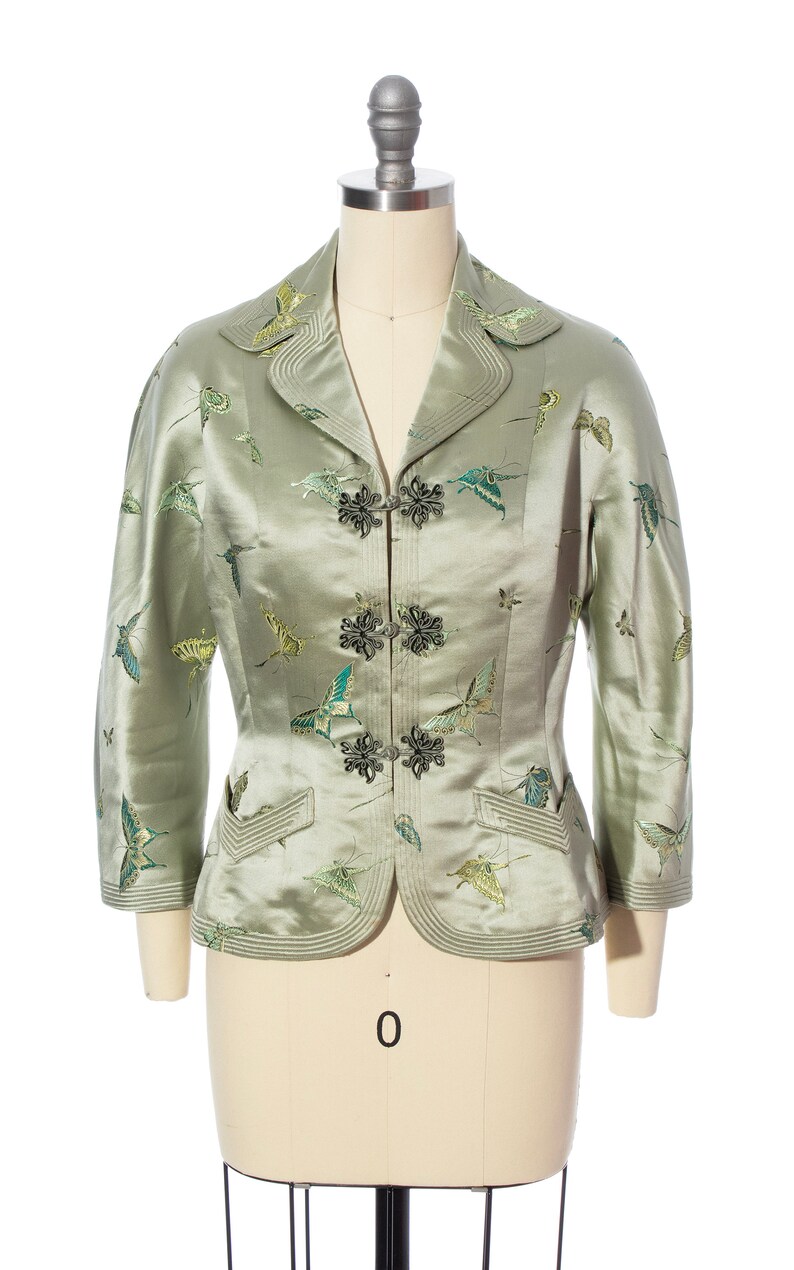 Vintage 1950s Jacket 50s Silk Satin Jacquard Butterfly Bug Novelty Print Tailored Sage Green Holiday Party Blazer x-small/small image 2