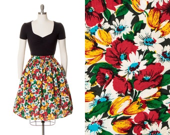 Vintage 1940s Skirt | 40s Floral Print Cold Rayon High Waisted Full Swing Skirt (small)