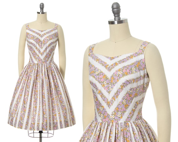 Vintage 1950s Sundress | 50s Floral Chevron Stripe