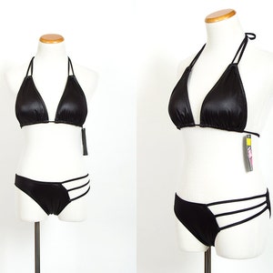 Vintage 90s DEADSTOCK Cutout STRAPPY Black Bikini | 1990s Shiny Halter String Bikini Low Rise Two Piece Swimsuit (xs/s)