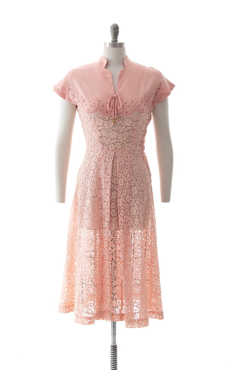 Vintage 1950s Dress 50s Rhinestone Soutache Linen Lace Light Pink See Through Fit and Flare Summer Tea Dress small image 2
