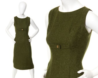 Vintage 1960s Dress | 60s Wool Dark Olive Green Wiggle Sheath Work Secretary Fall Winter Sleeveless Jumper Midi Dress (x-small)