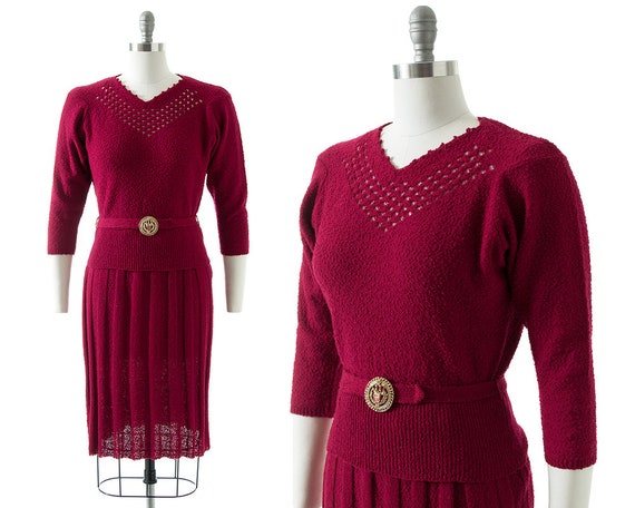 Vintage 1950s Knit Set | 50s Burgundy Bouclé Wool