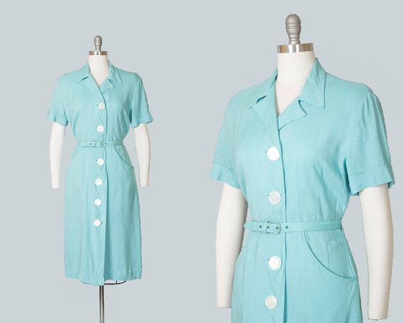 Vintage 1940s Dress 40s Blue Linen Cotton Shirtwaist Wiggle | Etsy