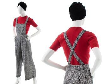 Vintage 1990s Overalls Pants | 90s does 1940s Calico Floral Print Navy Blue Rayon Side Button Bibs Wide Leg Pants (large)