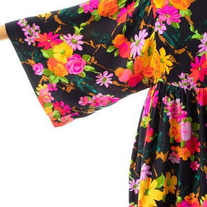 Vintage 1970s Maxi Dress 70s Floral Printed Kimono Sleeve Black Floral Full Length Witchy Boho Dress small/medium image 7
