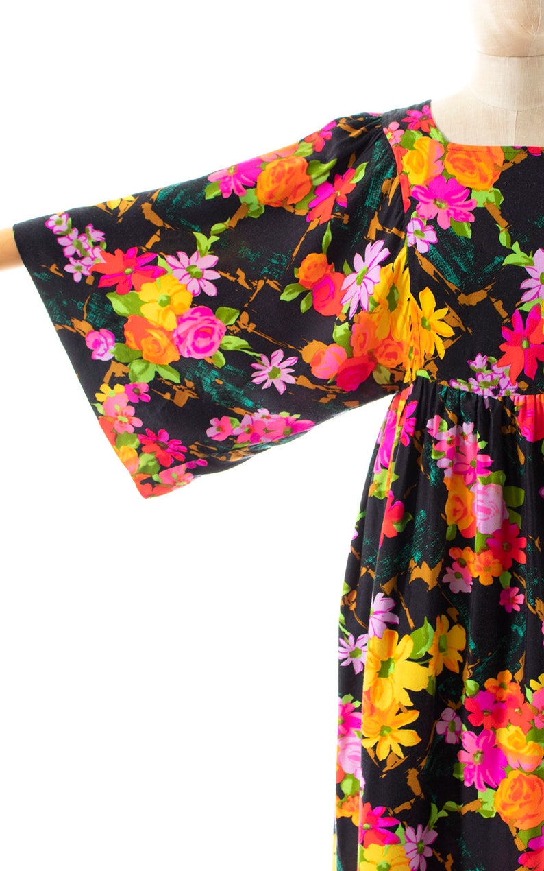Vintage 1970s Maxi Dress 70s Floral Printed Kimono Sleeve Black Floral Full Length Witchy Boho Dress small/medium image 7