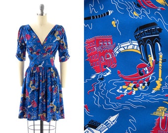 Vintage Style Dress | 1930s Inspired TRASHY DIVA Venice Nights Italian Novelty Print Blue Rayon Fit and Flare Day Dress (x-small)