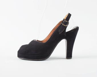 Vintage 1940s Shoes | 40s Black Suede Peep Toe Platform High Heel Slingback Pumps (womens size 6)