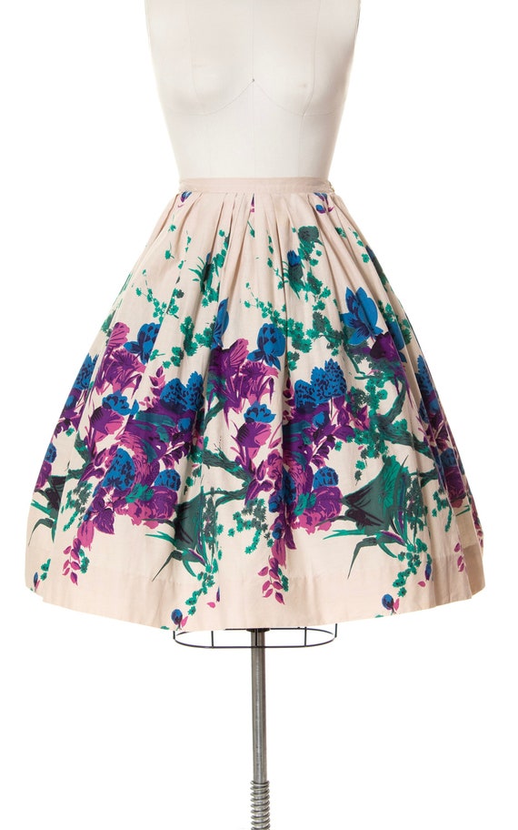 Vintage 1950s Skirt | 50s Floral Border Print Cot… - image 3