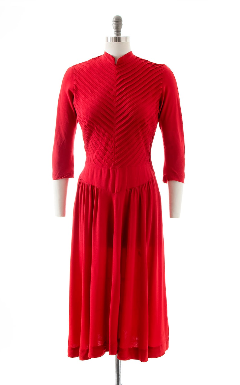 Vintage 1940s Dress 40s Red Rayon Pleated Fit and Flare Full Skirt Holiday Evening Cocktail Formal Dress medium image 3