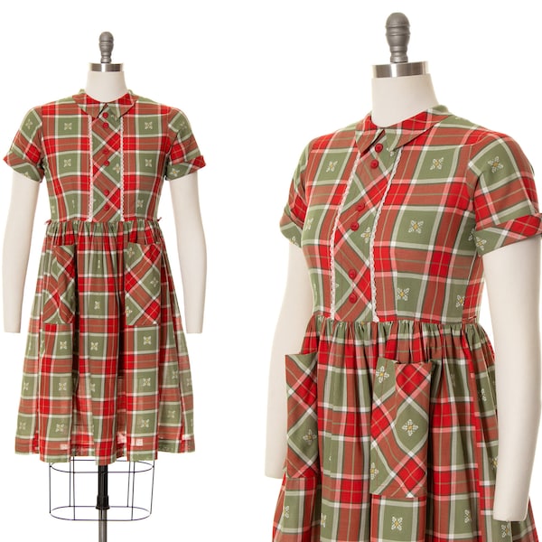 Vintage 1950s Dress | 50s Plaid Red Green Cotton Button Back Shirtwaist Fit and Flare Babydoll Fall Day Dress with Pockets (small)