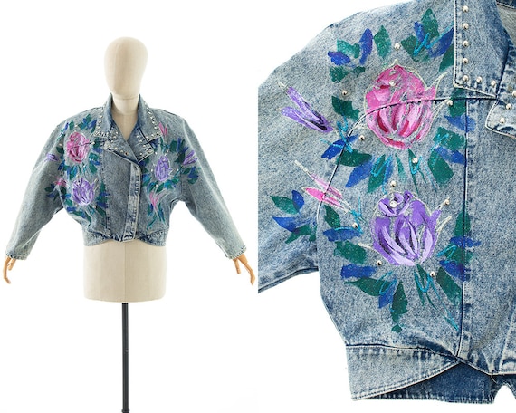 Vintage 1990s Jean Jacket | 90s Hand Painted Rose… - image 1