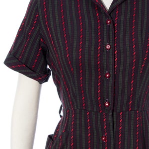 Vintage 1950s Shirt Dress 50s Striped Cotton Black Red Button Up Sheath Wiggle Dress with Pocket medium image 6