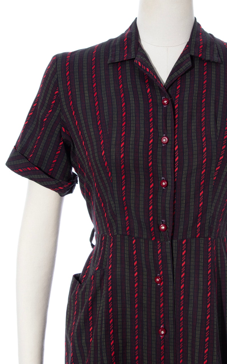 Vintage 1950s Shirt Dress 50s Striped Cotton Black Red Button Up Sheath Wiggle Dress with Pocket medium image 6