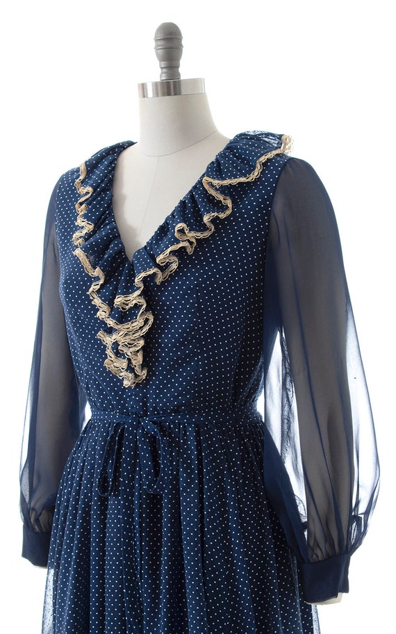 Vintage 1970s Dress | 70s Polka Dot Navy Blue Cot… - image 5