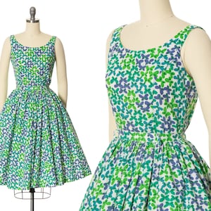 Vintage 1960s Dress Set | 60s Butterfly Novelty Print Cotton Blend Two Piece Sleeveless Top & Full Swing Skirt Green Blue Set (x-small)