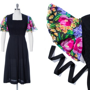 Vintage 1970s Maxi Dress | 70s Black Crepe Floral Chiffon Flutter Sleeve Smocked Tie Waist Full Length Witchy Dress (x-small/small)