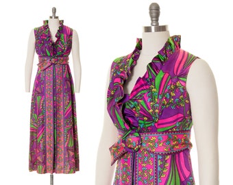 Vintage 1960s Maxi Dress | 60s Psychedelic Floral Geometric Printed Neon Pink Purple Empire Waist Sheath Summer Party Dress (small)