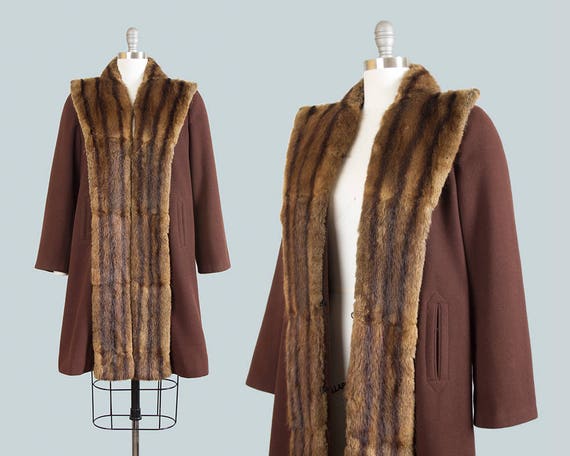 Vintage 1940s Coat | 40s Fur Collar Brown Wool Fur