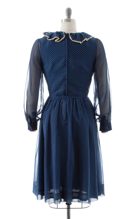 Vintage 1970s Dress | 70s Polka Dot Navy Blue Cot… - image 4