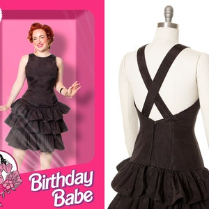 Vintage 1980s Party Dress | 80s LILLIE RUBIN Black Open Back Tiered Ruffled Formal Evening Gown (small)
