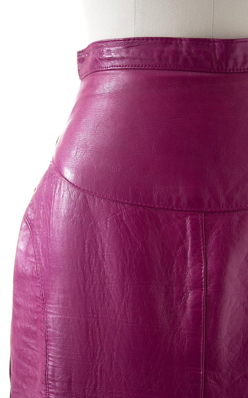 Vintage 1970s Pencil Skirt 70s Purple Leather Buttery Soft High Waisted Midi Wiggle Skirt small image 6