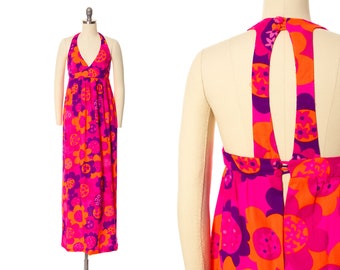 Vintage 1960s 1970s Maxi Dress | 60s 70s Psychedelic Floral Barkcloth Halter Cage Hot Pink Orange Empire Waist Hawaiian Dress (x-small)