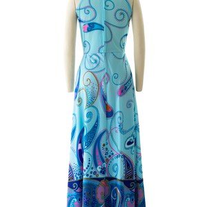 Vintage 1970s Maxi Dress 70s Psychedelic Paisley Border Print Jersey Knit Blue Halter Turtleneck Sheath Sundress x-small/small image 4