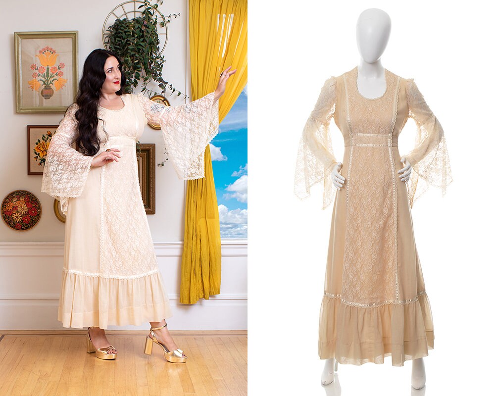 Vintage 1970s Maxi Dress | 70s CANDI JONES Gunne Sax Style Cream