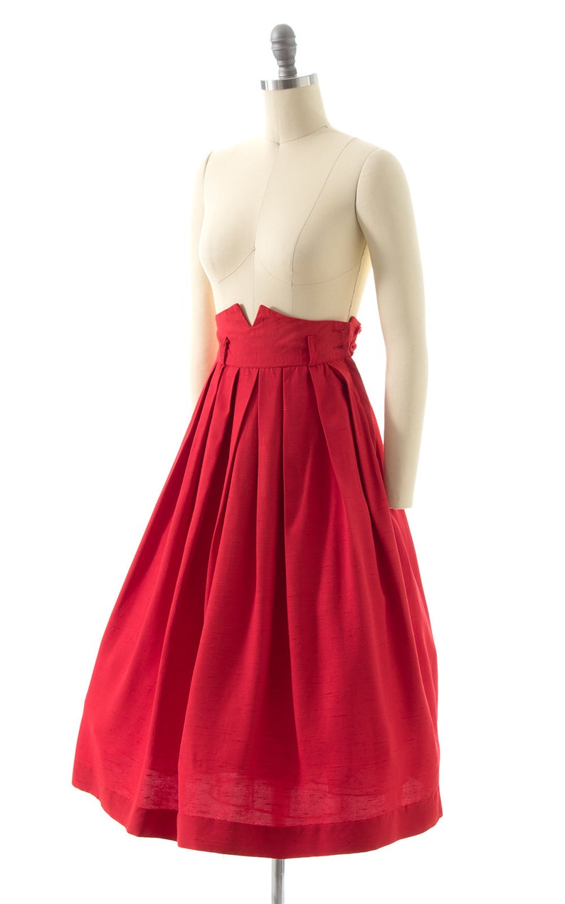 Vintage 1940s Skirt 40s Lipstick Red Cotton Extra High Waisted Pleated Full Swing Skirt x-small image 3