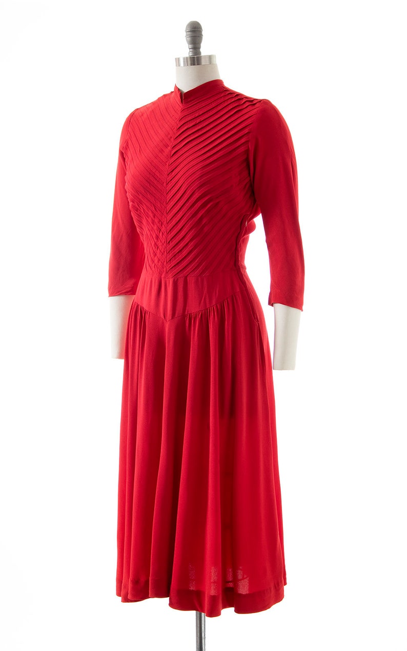 Vintage 1940s Dress 40s Red Rayon Pleated Fit and Flare Full Skirt Holiday Evening Cocktail Formal Dress medium image 4