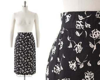 Vintage 1960s Pencil Skirt | 60s Rose Floral Printed Black Cotton High Waisted Wiggle Below Knee Office Secretary Skirt (medium)