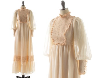 Vestido largo vintage de los años 70 / Vestido de novia estilo Gunne Sax de algodón color crema con mangas de obispo y largo hasta el suelo (extra pequeño)