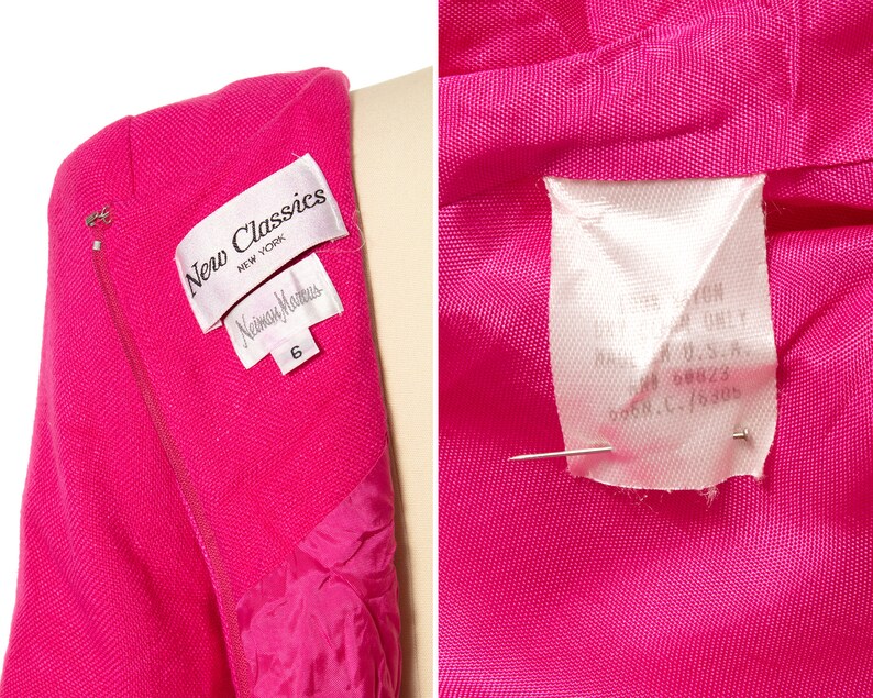 May include: A pink blazer with a zipper closure and a label that reads "New Classics New York" and "Neiman Marcus 6".