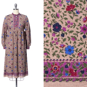 Vintage 1970s Dress | 70s Floral Print Acrylic Jersey Knit Long Sleeve Midi Tan Purple Border Print Boho Sweater Day Dress (x-small/small)