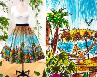 Vintage 1950s Circle Skirt | 50s Mexican Novelty Print Hand-Painted Sequin Beach Vacation Souvenir Cotton Swing  | medium/large/x-large