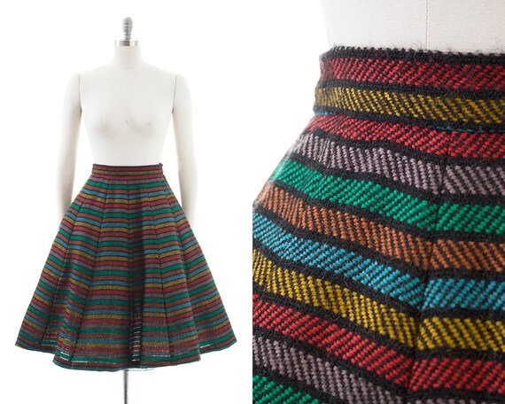 Vintage 1950s Skirt | 50s Rainbow Striped Wool Ful