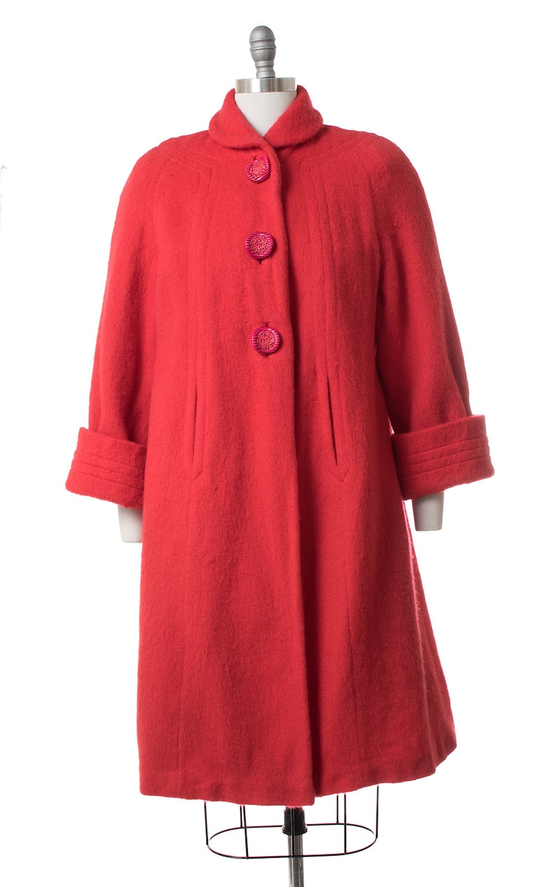 smallmedium 50s Red Wool Swing Coat with Candy Buttons Vintage 1950s Coat
