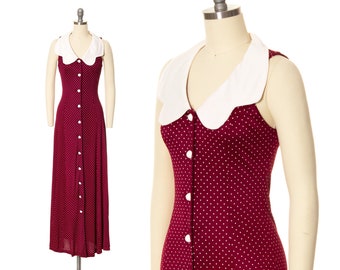 Vintage 1970s Maxi Dress | 70s Polka Dot Burgundy Red Button Up Polyester Sleeveless Day Dress (x-small)