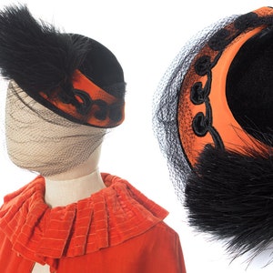 Vintage 1940s 1950s Hat | 40s 50s Two Tone Velvet Feather Pom Pom Veil Orange Black Halloween Witchy Formal Evening Hat