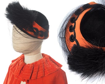 Vintage 1940s 1950s Hat | 40s 50s Two Tone Velvet Feather Pom Pom Veil Orange Black Halloween Witchy Formal Evening Hat