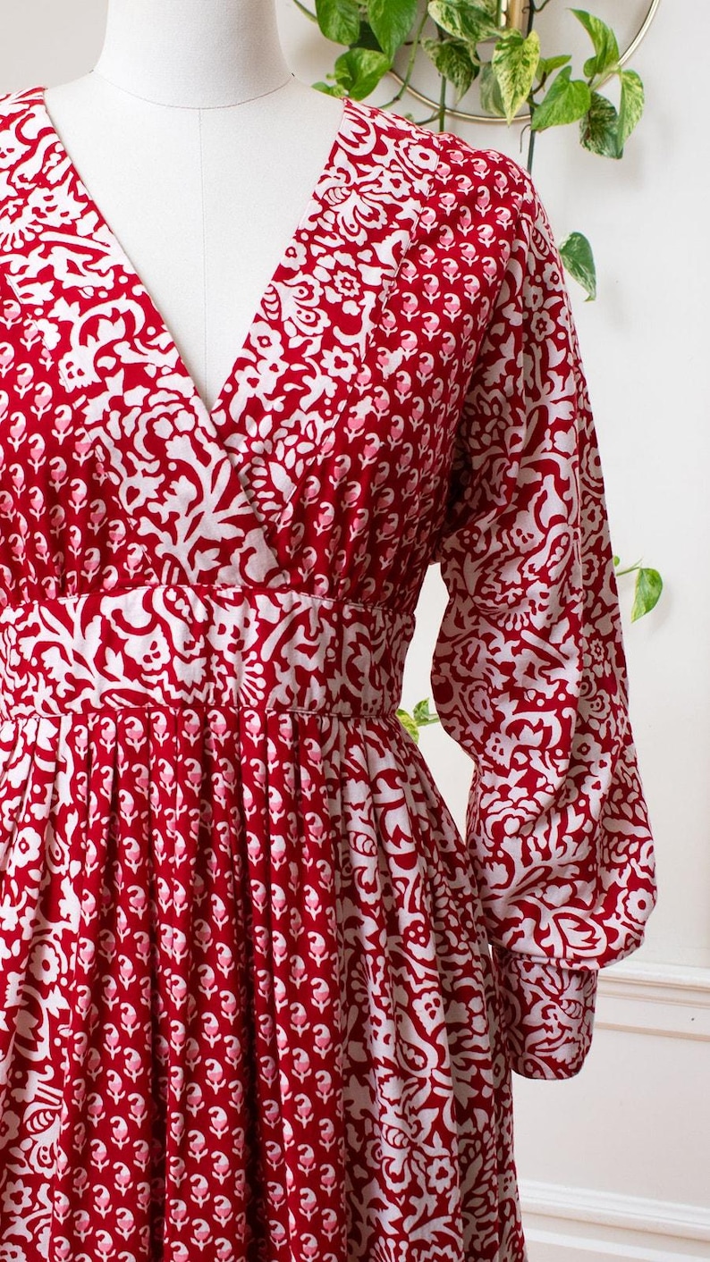 Vintage 1970s Maxi Dress | 70s ADINI Floral Indian Cotton Red Boho Printed Long Sleeve Maxi Dress | medium image 7